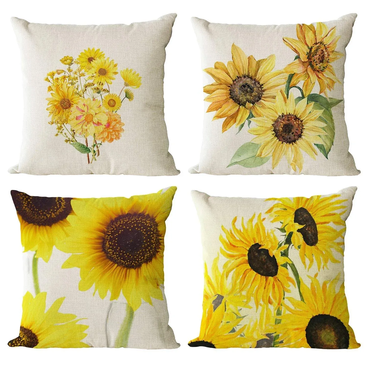 Set of 4 Sunflower Decorative Throw Pillow Covers Square Cotton Linen Summer ...