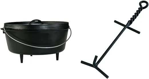 Lodge 10 Qt Deep Camp Dutch Oven + Camp Dutch Oven Lid Lifter (Black Finish)