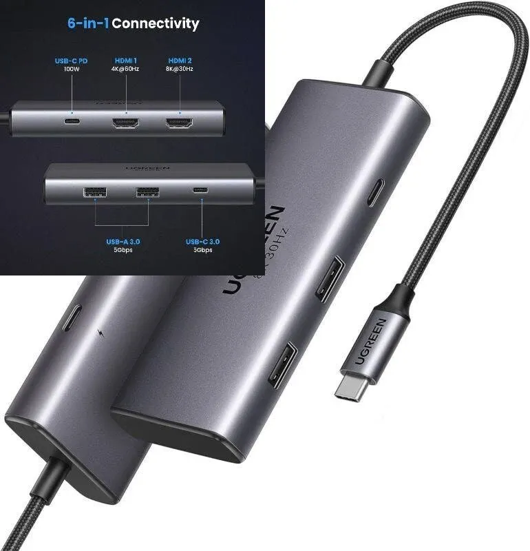 UGREEN Revodok 6 in 1 USB C Hub Dual HDMI 4K@60Hz Single 8K@30Hz 100W PD 5Gbps USB C and USB A Data Ports USB C Docking Station for Dell XPS, ThinkPad and More