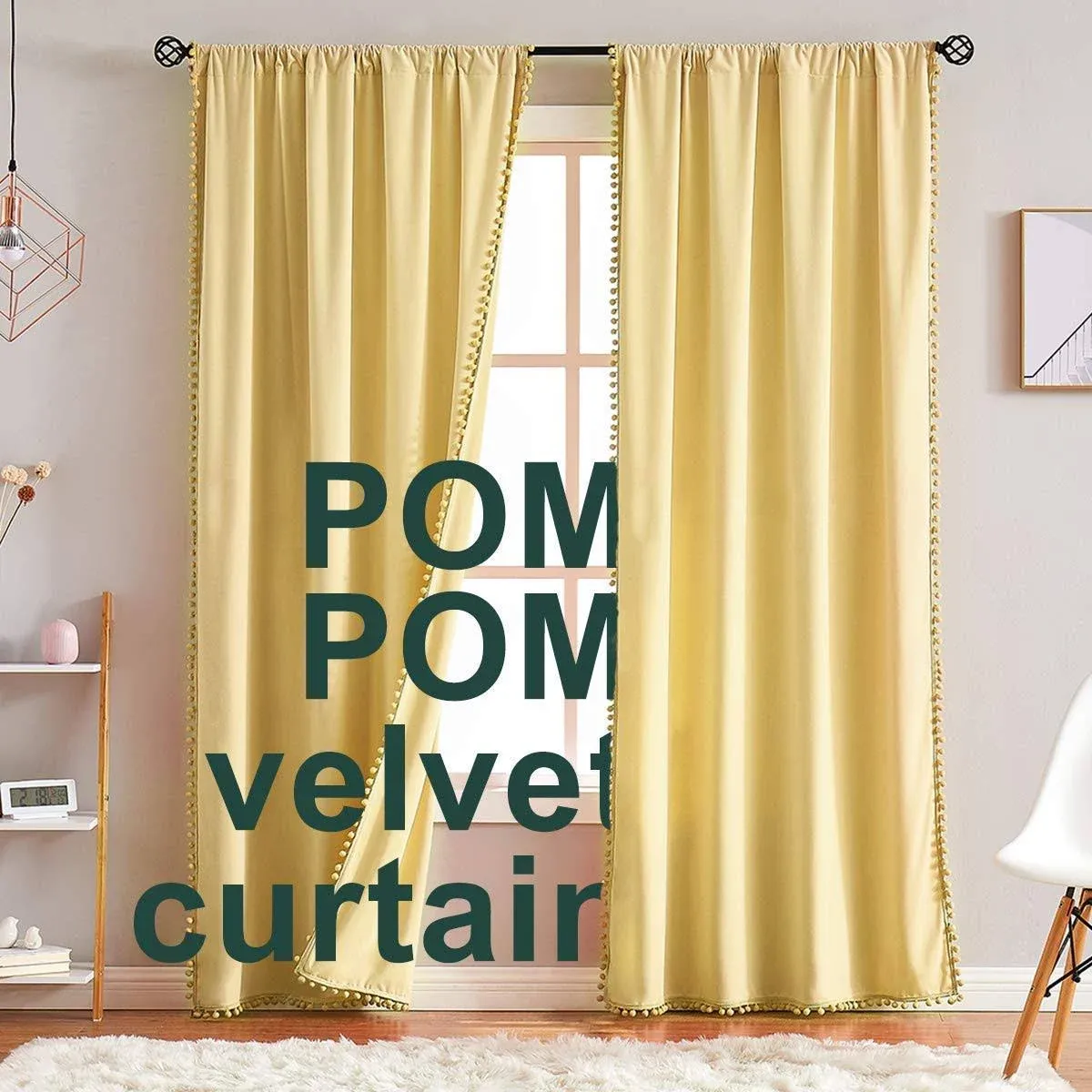 Treatmentex Yellow Velvet Curtains for Living Room 63" Soft Luxury Window Drapes Pom Pom Fringe Curtain Panels Decorative Cotton Feel Soft Curtains for Kids Room 2 pc