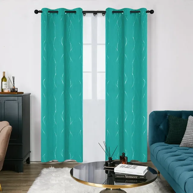 Deconovo Blackout Grommet Silver Pattern Printed Curtains, Turquoise, 42W x 84L