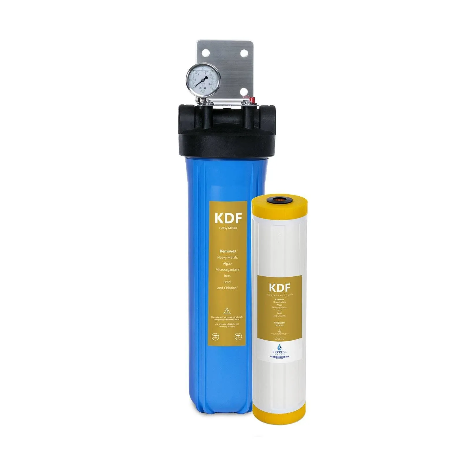 Express Water Whole House Water Filter, 1 Stage Home Water Filtration System, KDF Heavy Metal Filter, Includes Pressure Gauges, Easy Release, and 1 Inch Connections.