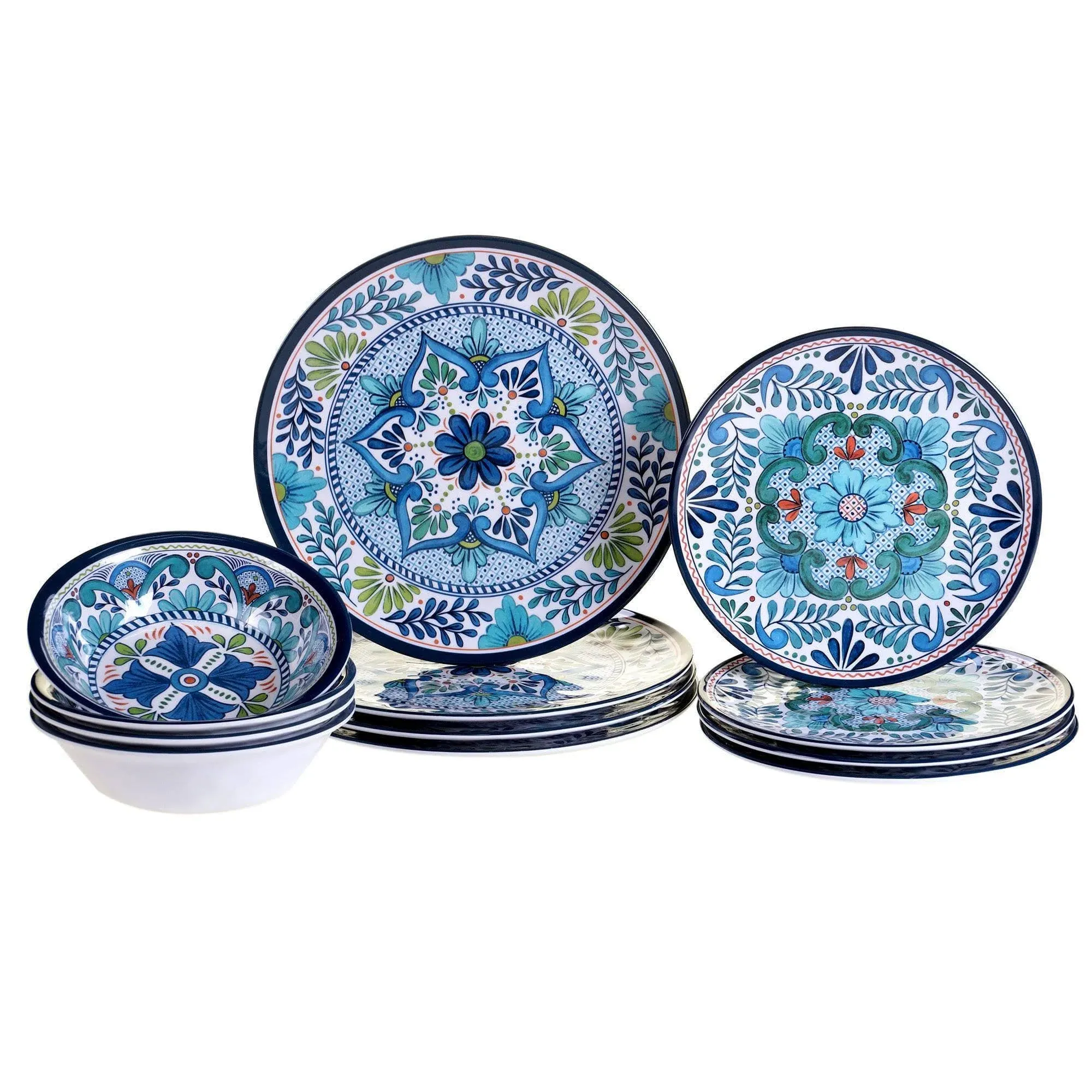 Talavera 12-Piece Country/Cottag<wbr/>e Blue Melamine Dinnerware Set