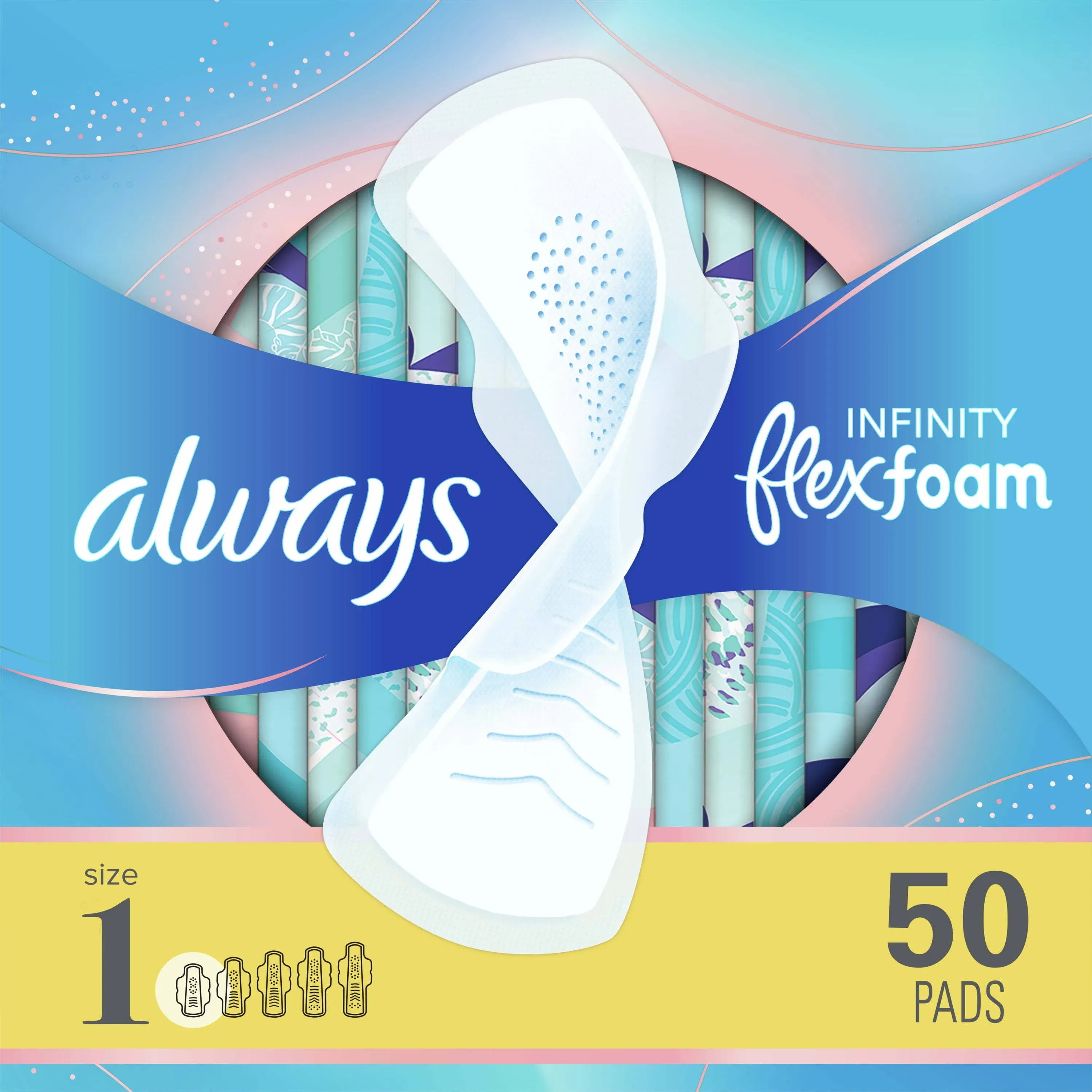 Always Infinity Feminine Pads, Size 1 Regular, with Wings, Unscented, 50 ct