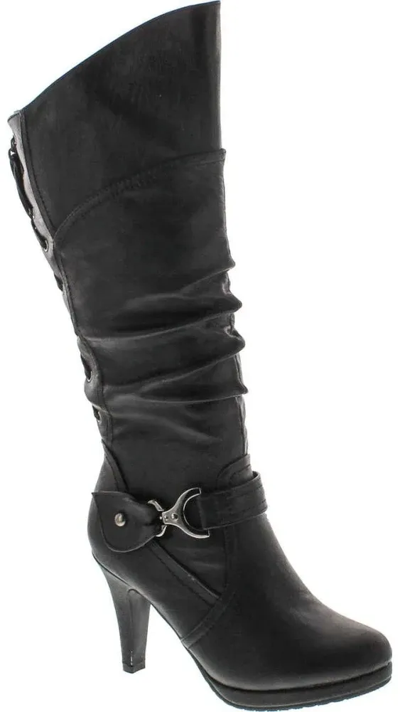 TOP Moda Womens Page-65 Knee High Round Toe Lace-Up Slouched High Heel Boots