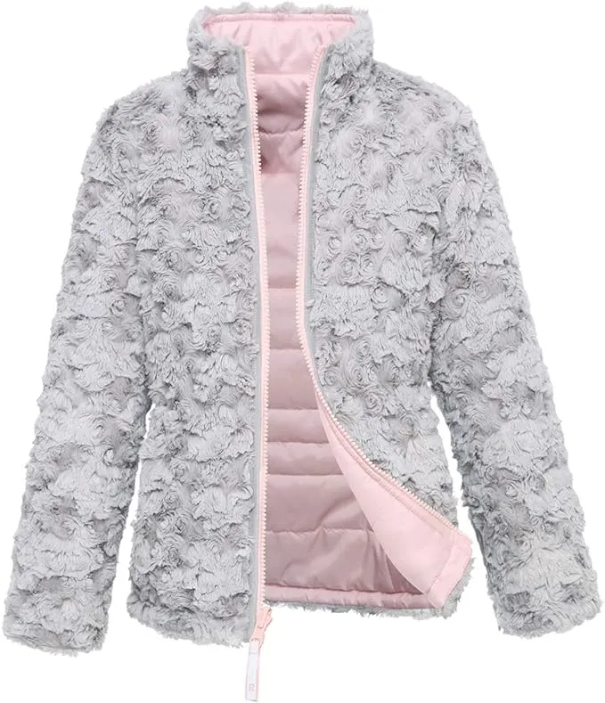 Rokka&Rolla Girls' Reversible Fleece Jacket Puffer Coat-Frost Gray/Chalk Pink, Size 6