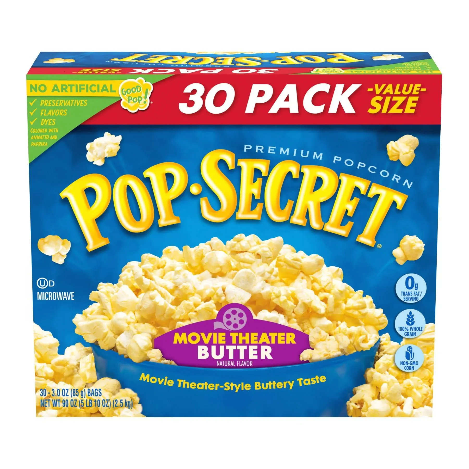 Pop Secret Microwave Popcorn, Movie Theater Butter Flavor, 3 Oz Sharing Bags, 30 Ct