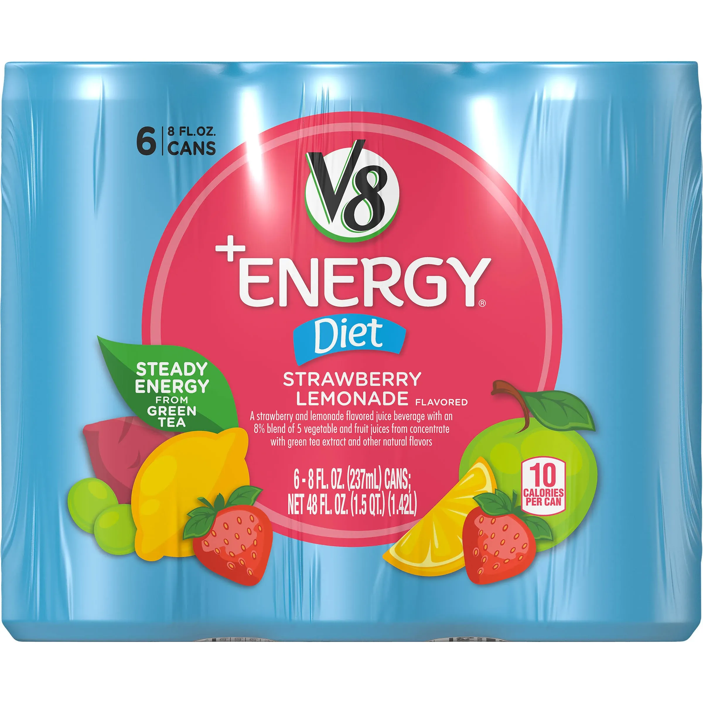 (6 Pack) V8 +ENERGY Diet Strawberry Lemonade Energy Drink with Juice, 8 Fl Oz