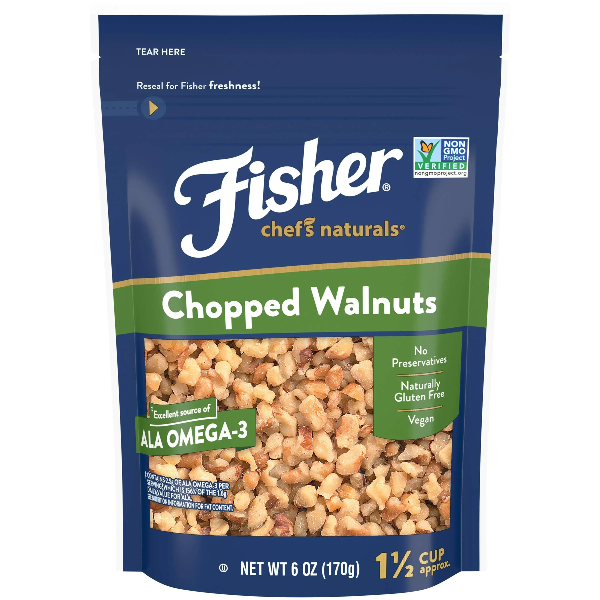 Fisher Chopped Walnuts, 6 Ounces, California Grown Walnuts, Unsalted, Naturally Gluten Free, No Preservatives, Non-GMO