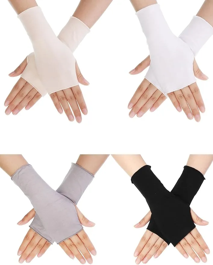 Bememo 4 Pack Sun Protection UV Gloves Cooling Fingerless Gloves Women Wrist Length Cotton Gloves Sun Block Driving Gloves