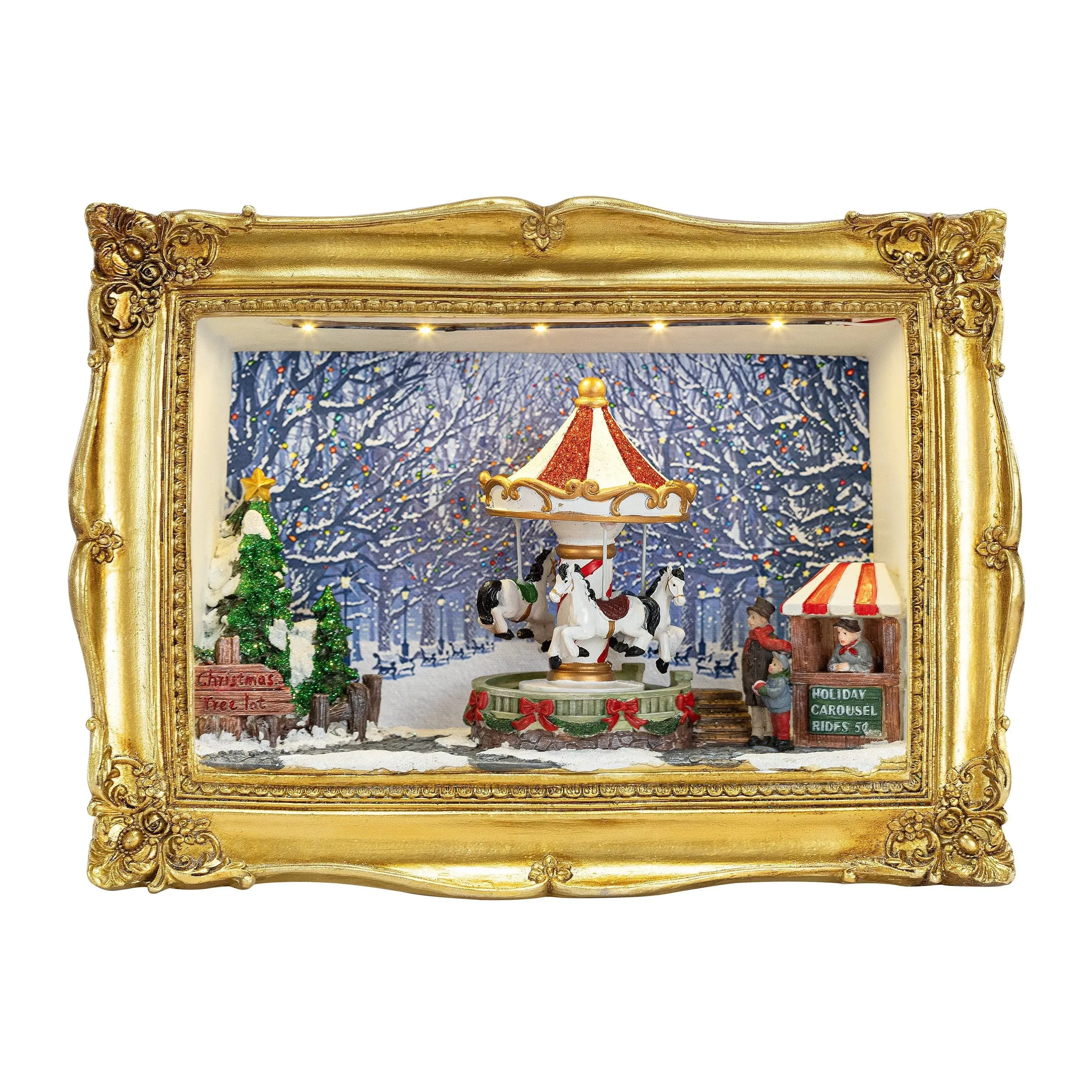 Mr. Christmas 90th Anniversary Gold Resin Frame Shadow Box with Carousel Heir...