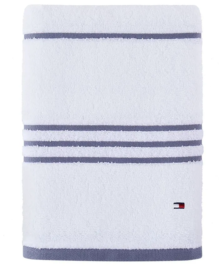 2 new Tommy Hilfiger American 100% Cotton BATH Towels WHITE w/ GRAY STRIPE