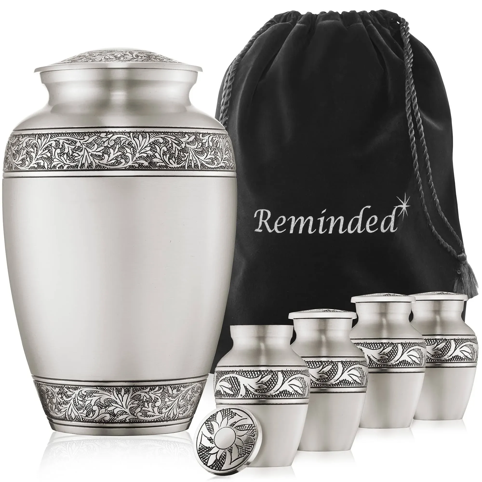 Reminded Set of 5 Floral Cremation Urns for Human Ashes - 1 Adult + 4 Keepsake Token Size, Silver