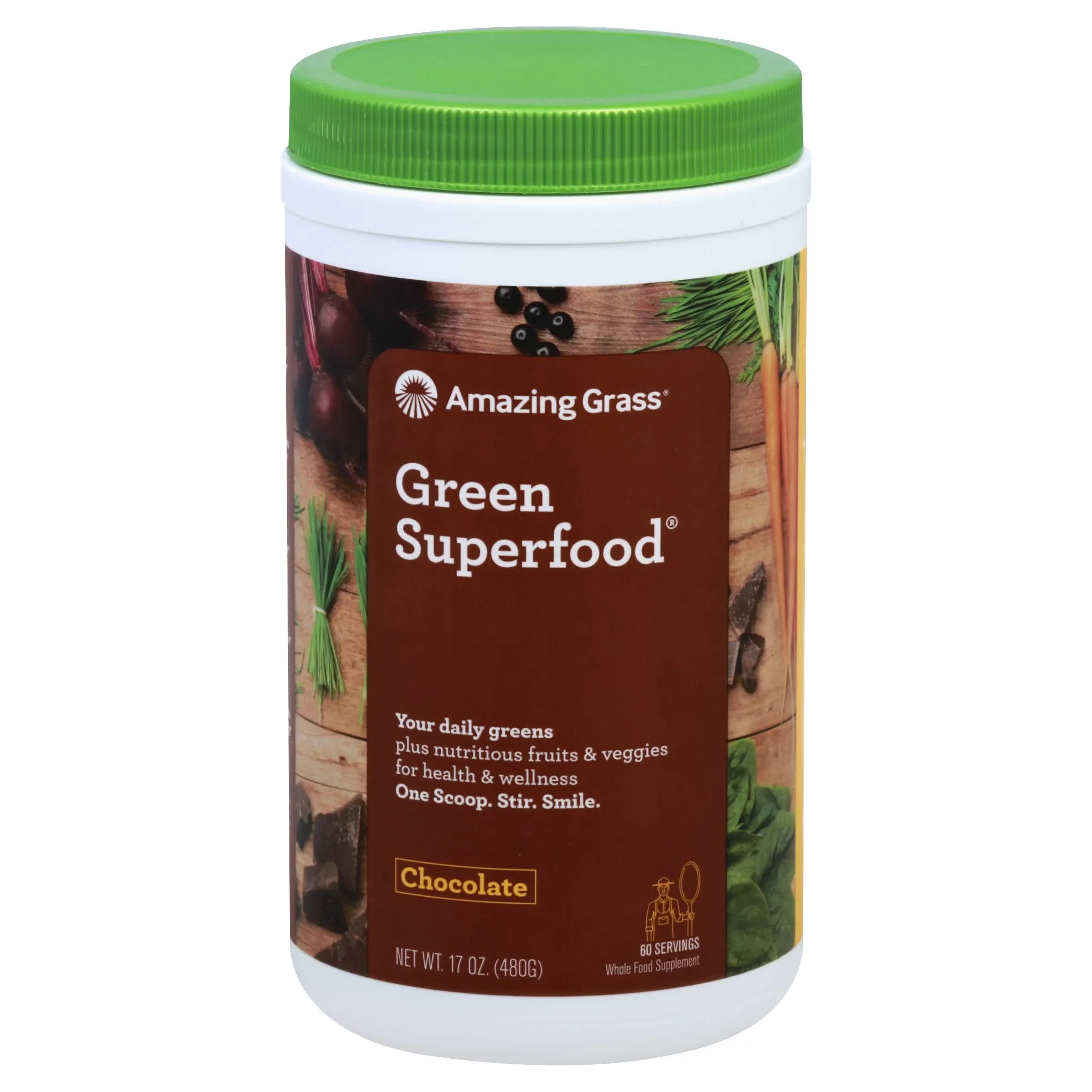 Amazing Grass Greens Blend Superfood: Super Greens Powder Smoothie Mix with Organic Spirulina, Chlorella, Beet Root Powder, Digestive Enzymes & Probiotics, Chocolate, 60 Servings (Packaging May Vary)