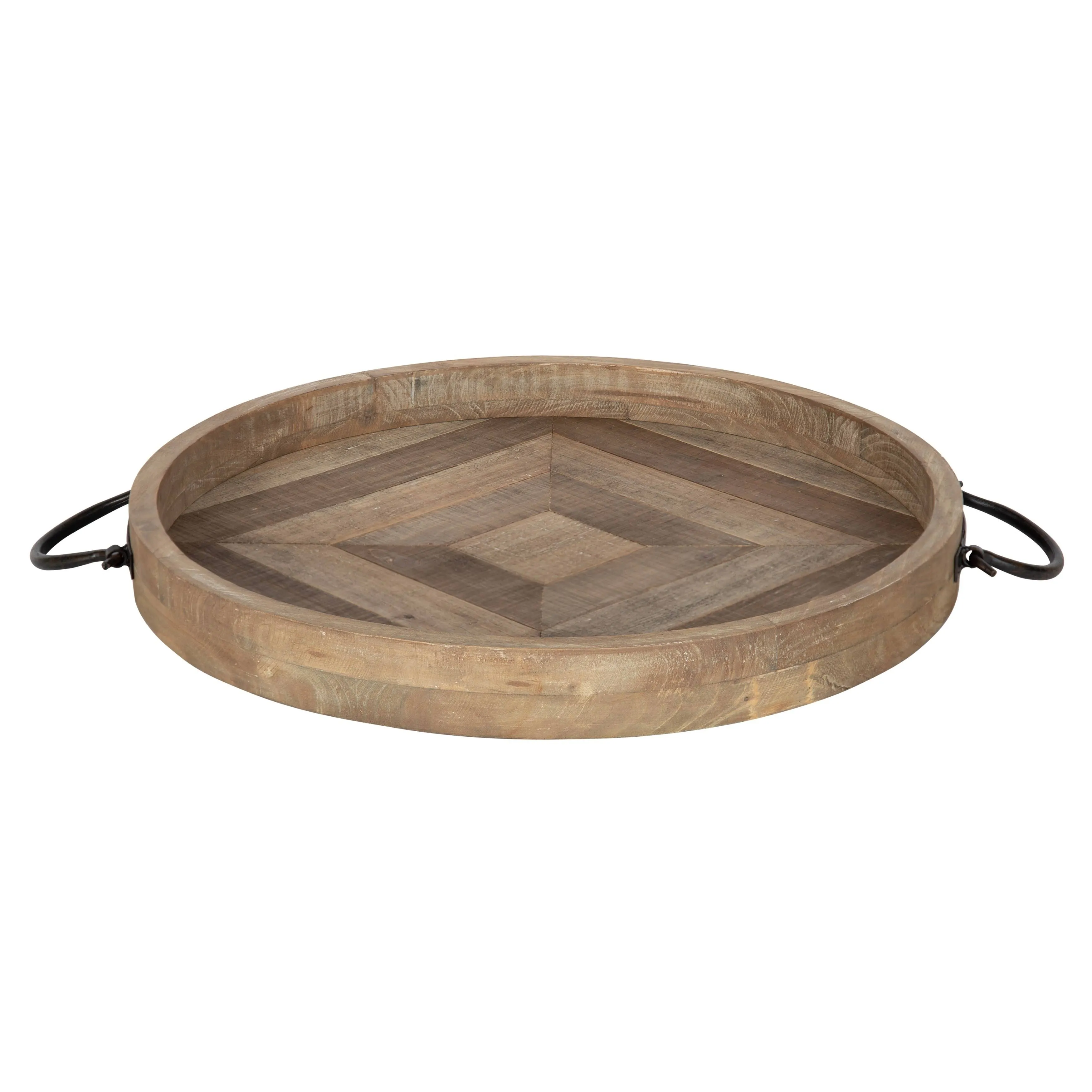 Kate and Laurel Marmora Casual-Farmhouse Round Wooden Decorative Tray with Black Metal Handles, Distressed Coastal White Finish, 18-inch Diameter