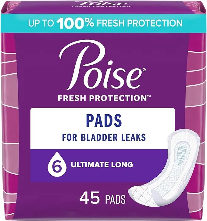 Poise Incontinence Pads & Postpartum Incontinence Pads, 6 Drop Ultimate Absorbency, Long Length, 45 Count, Packaging May VaryPoise Incontinence Pads & Postpartum Incontinence Pa…