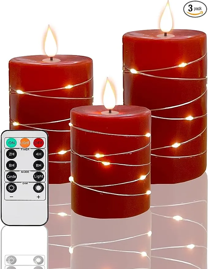 Flameless Candles with String Light, Outdoor LED Candle with Remote Control and Timer Plastic Wax Plated Battery Powered Ivory Candle for Indoor Outdoor Lanterns, Porch, Long Lasting, Set of 3