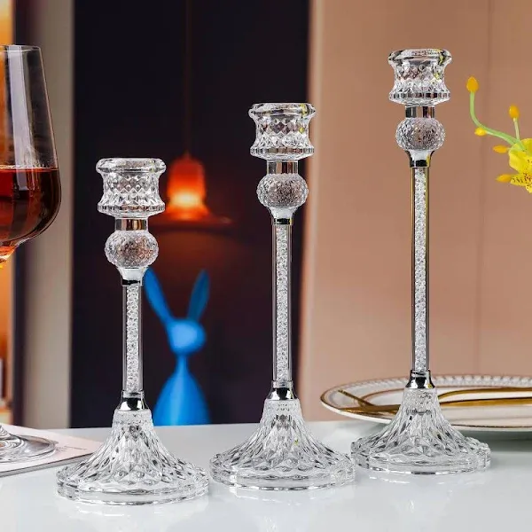 Glass Candlestick Holders Set 3Pcs - Clear Crystal Taper Candles Holder– Table Centerpieces for Buring Candles, Led Terete Candle,Party and Wedding Decoration（White）