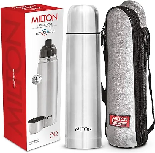 Milton Thermosteel - Tapa abatible 500, termo de doble pared aislada al vacío de 16 onzas, botella de agua fría y caliente las 24 horas con tapa, acero inoxidable, sin BPA, a prueba de fugas, color plateado