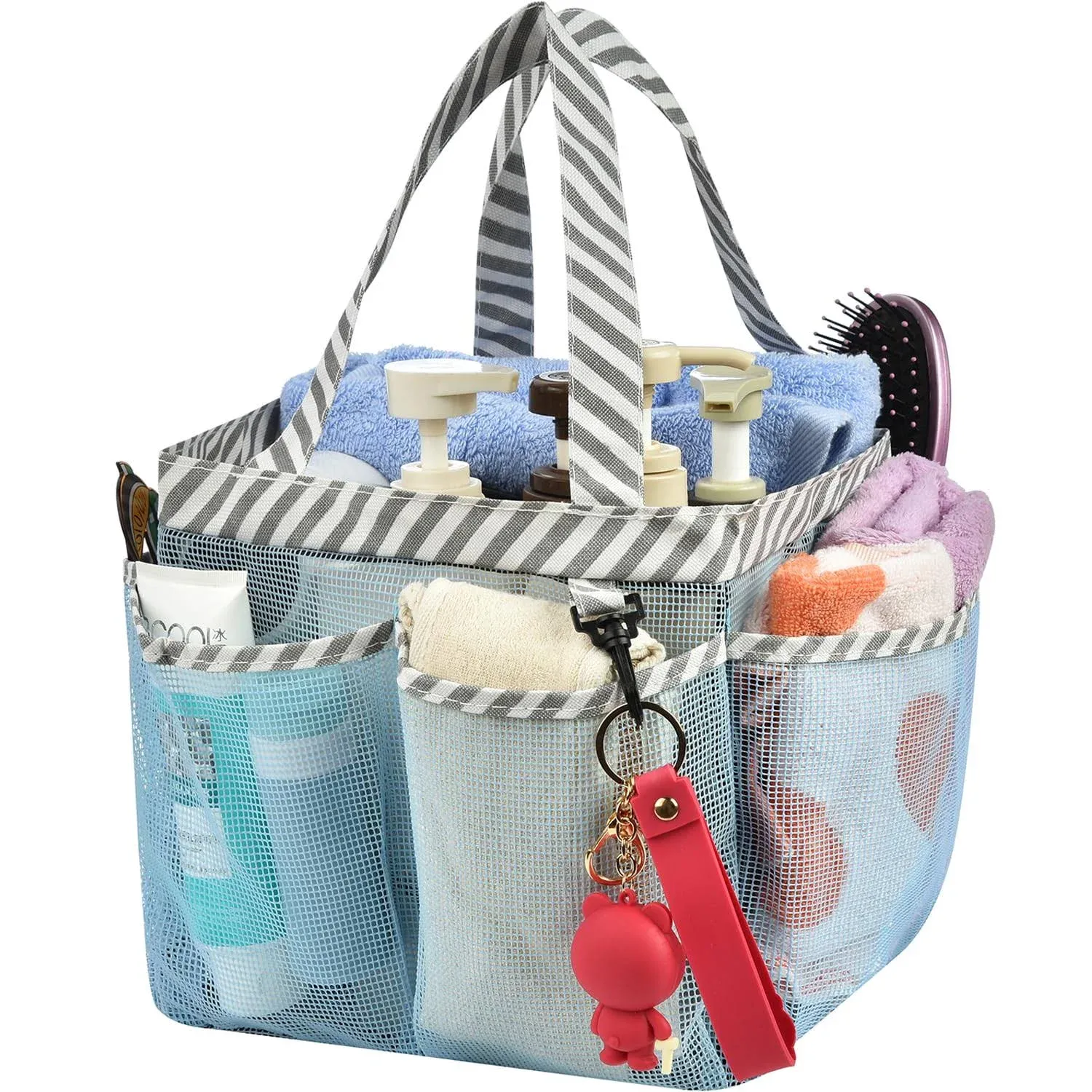 Haundry Mesh Shower Caddy Bag, Large College Dorm Bathroom Caddy Organizer with Key Hook and 2 Oxford Handles, 8 Basket Pockets, Portable Hanging Caddy Bag for Camping Gym