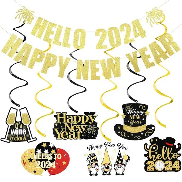 Gold Hello 2023 Happy New Year Banner and New Year Hanging Swirls New Year Ev...