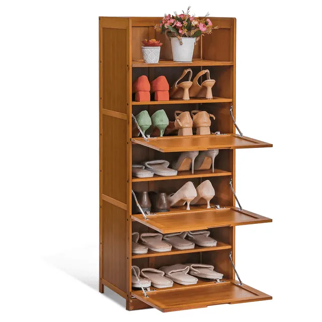 20"Entryway Bamboo [ENCLOSED EDGE] Shelf 7-Tier Drop Down Door Shoe Rack Cabinet  | eBay