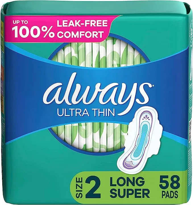 Always Ultra Thin Feminine Pads with Wings for Women, Super Absorbency, Unscented, Size 2, 126 Count