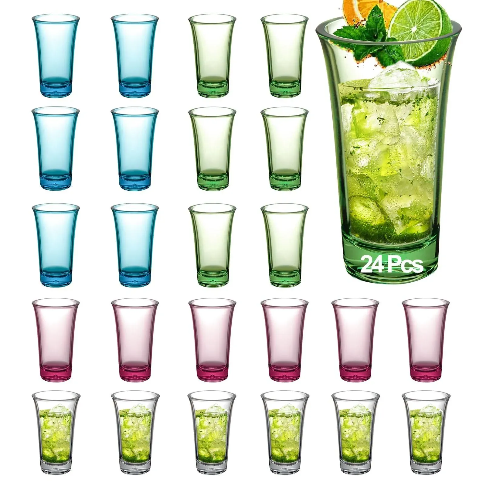 Multicolored Shot Glass, 2 Oz Set of 24 Shot Glasses- Thick Base, Sturdy Acrylic, Transparent Design- Perfect for Vodka and Cocktail- Great Gift for Men (24 Pcs/Mix Color)