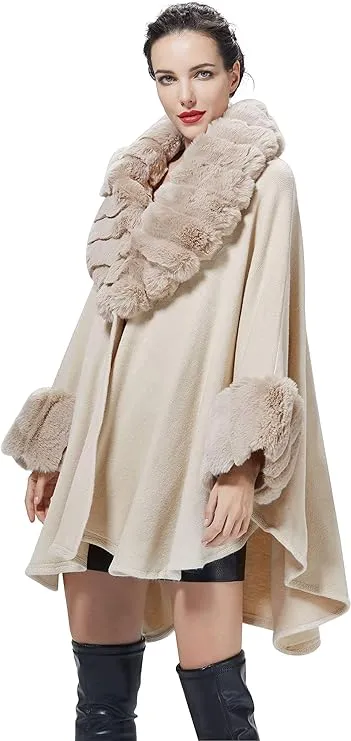 Women Poncho High Collar Light Gray Oversized Faux Fur Cape