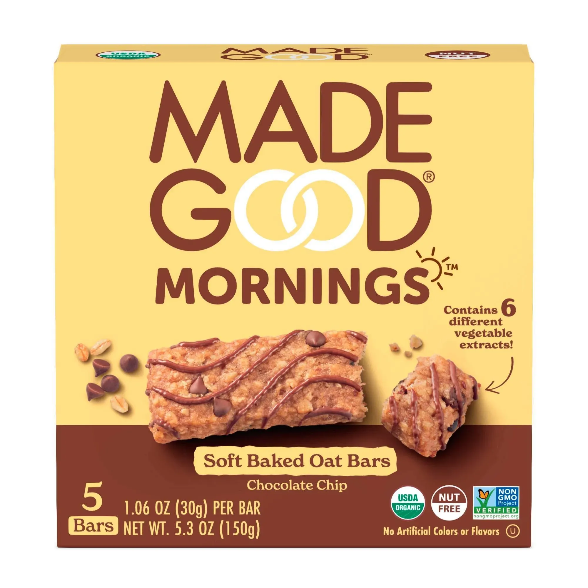 MadeGood Morning Chocolate Chip Bars, 5ct/5.3oz, Organic Snacks