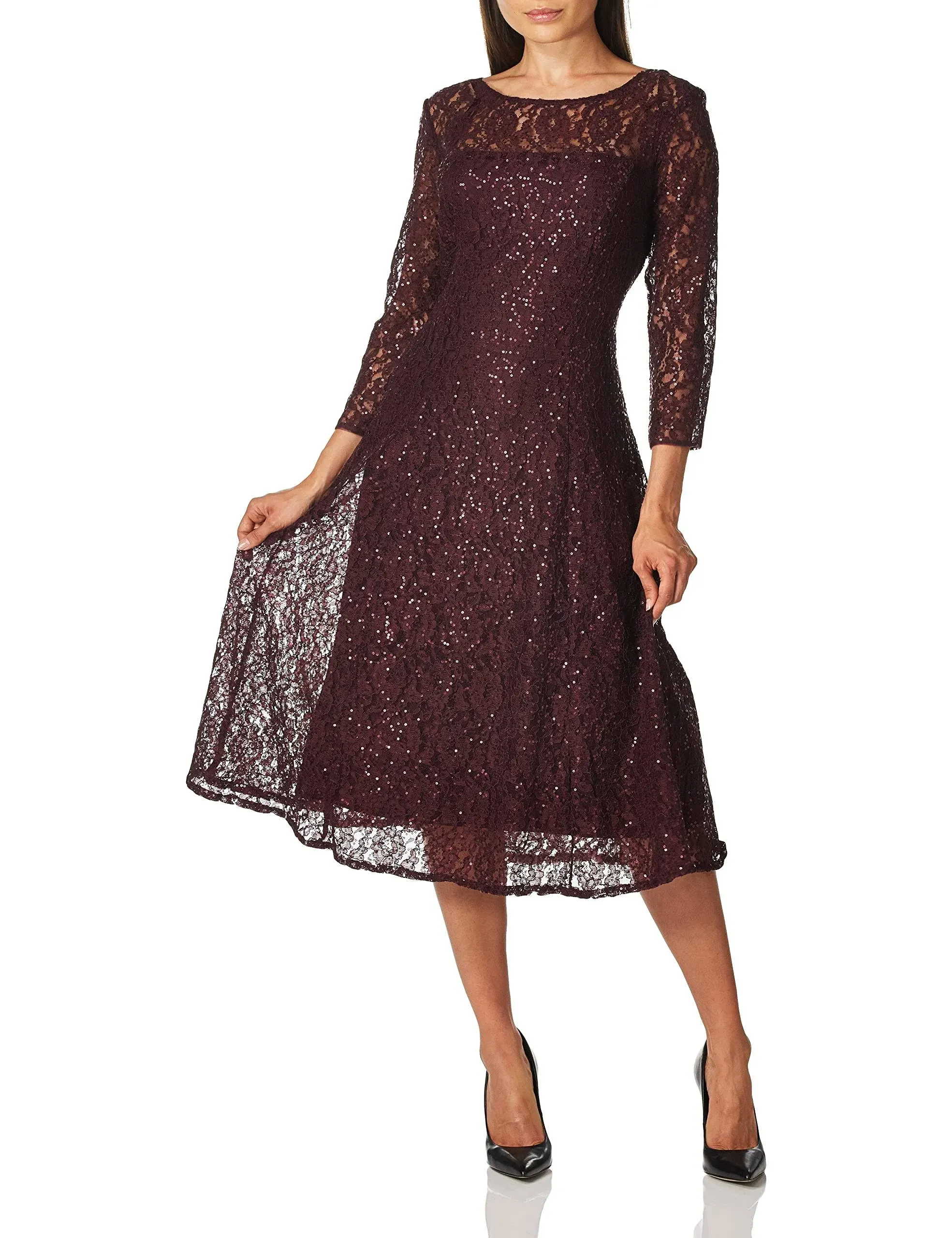 Sl Fashions Women's 3/4-Sleeve Sequin Lace Dress