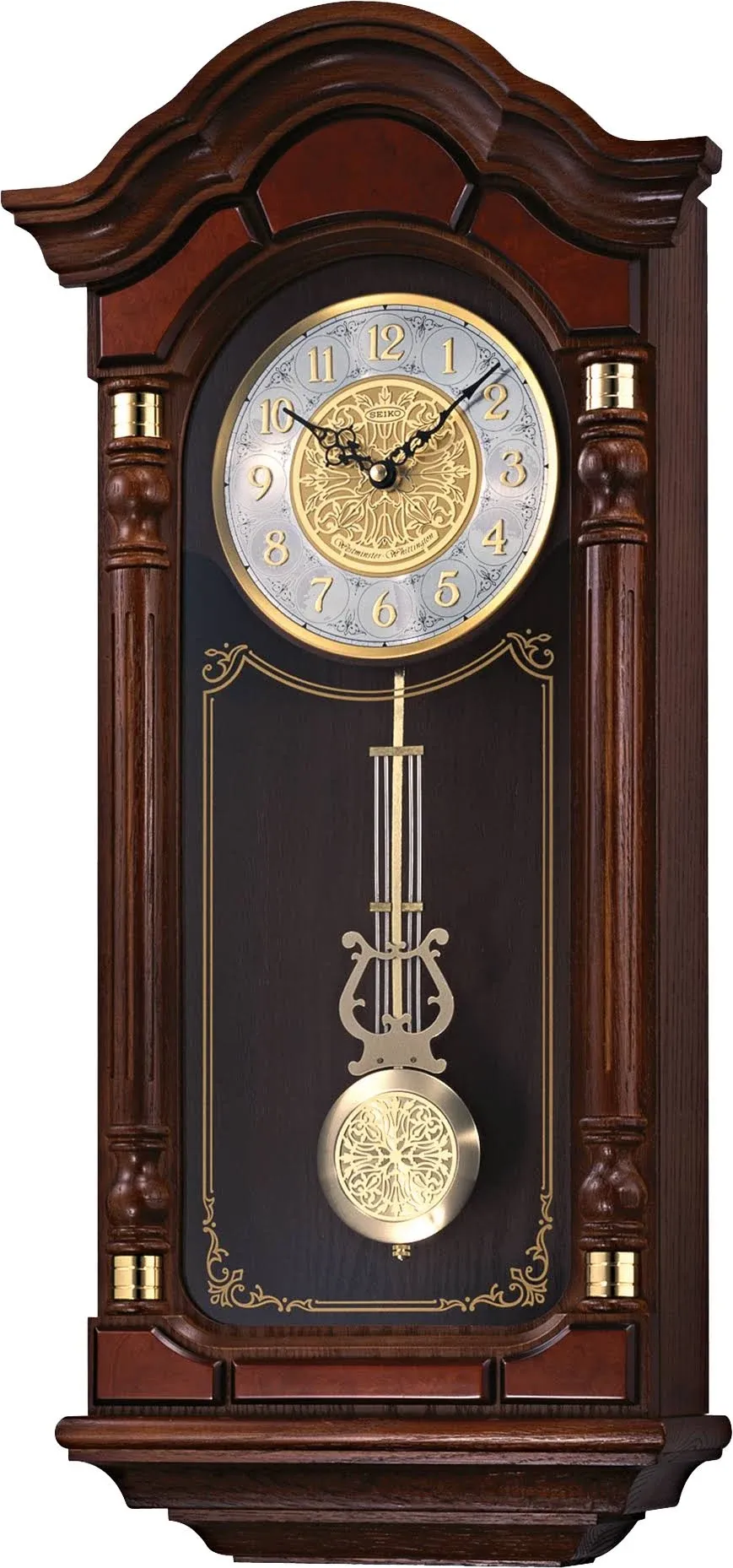 SEIKO Stately Dark Brown Solid Oak Case Wall Clock with Pendulum and Chime