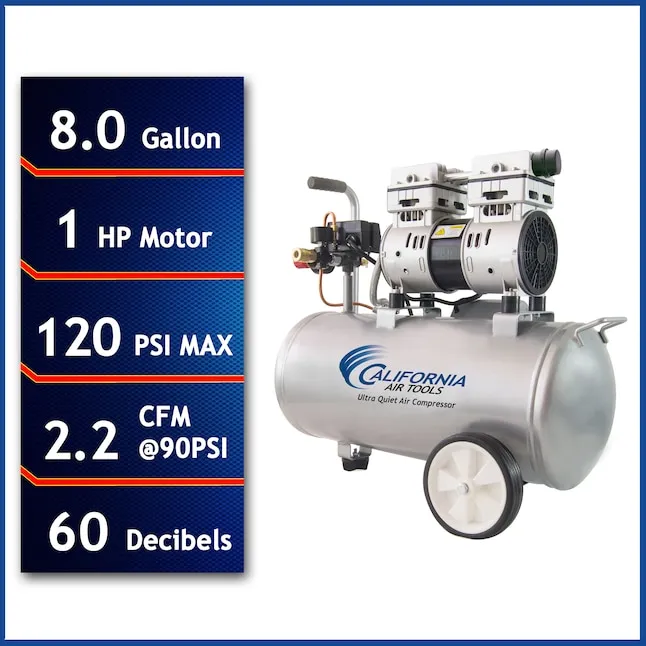 California Air Tools 8010 Ultra Quiet & Oil-Free 1.0 Hp, 8.0 Gal. Steel Tank Air Compressor