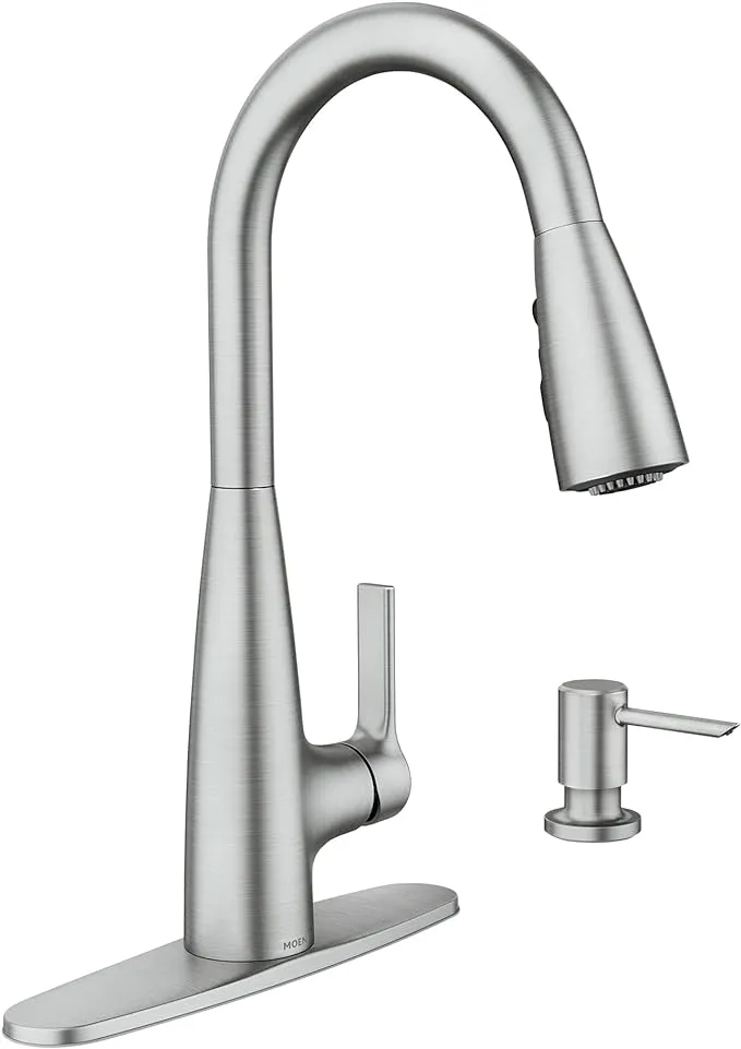 Moen Haelyn Chrome Single-Handle Pull-Down Sprayer Kitchen Faucet Featuring Power Boost for a Faster Clean, Soap Dispenser Included, 87627Moen Haelyn Chrome Single-Handle Pull-Down Sprayer Kitchen Faucet Featuring Power Boost for a Faster Clean, Soap Dis