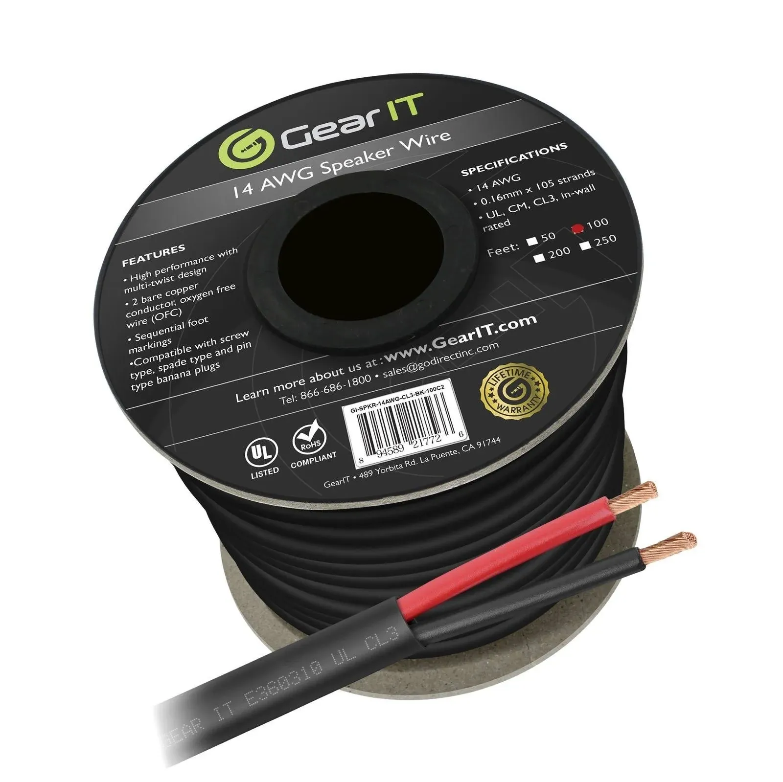 GearIT 14/2 Speaker Wire (100 Feet) 14AWG Gauge - Outdoor Direct Burial in Ground/in Wall / CL3 CL2 Rated / 2 Conductors - OFC Oxygen-Free Copper, Black 100ft