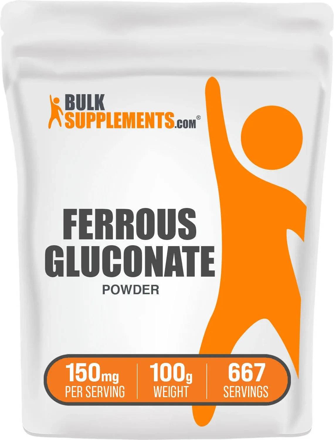 BulkSupplements.com Ferrous Gluconate Powder - Essential Mineral for Energy, Iron 18mg - Iron Supplements, Gluten Free, 150mg per Serving, 100g (3.5 oz) (Pack of 1)