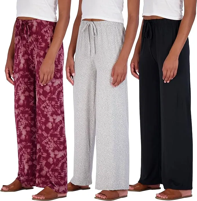 Real Essentials 3 Pack Soft Pallazo Pajama Pants for Women, Wide Leg Comfy Casual Lounge Yoga Capri Pants (Plus Size)