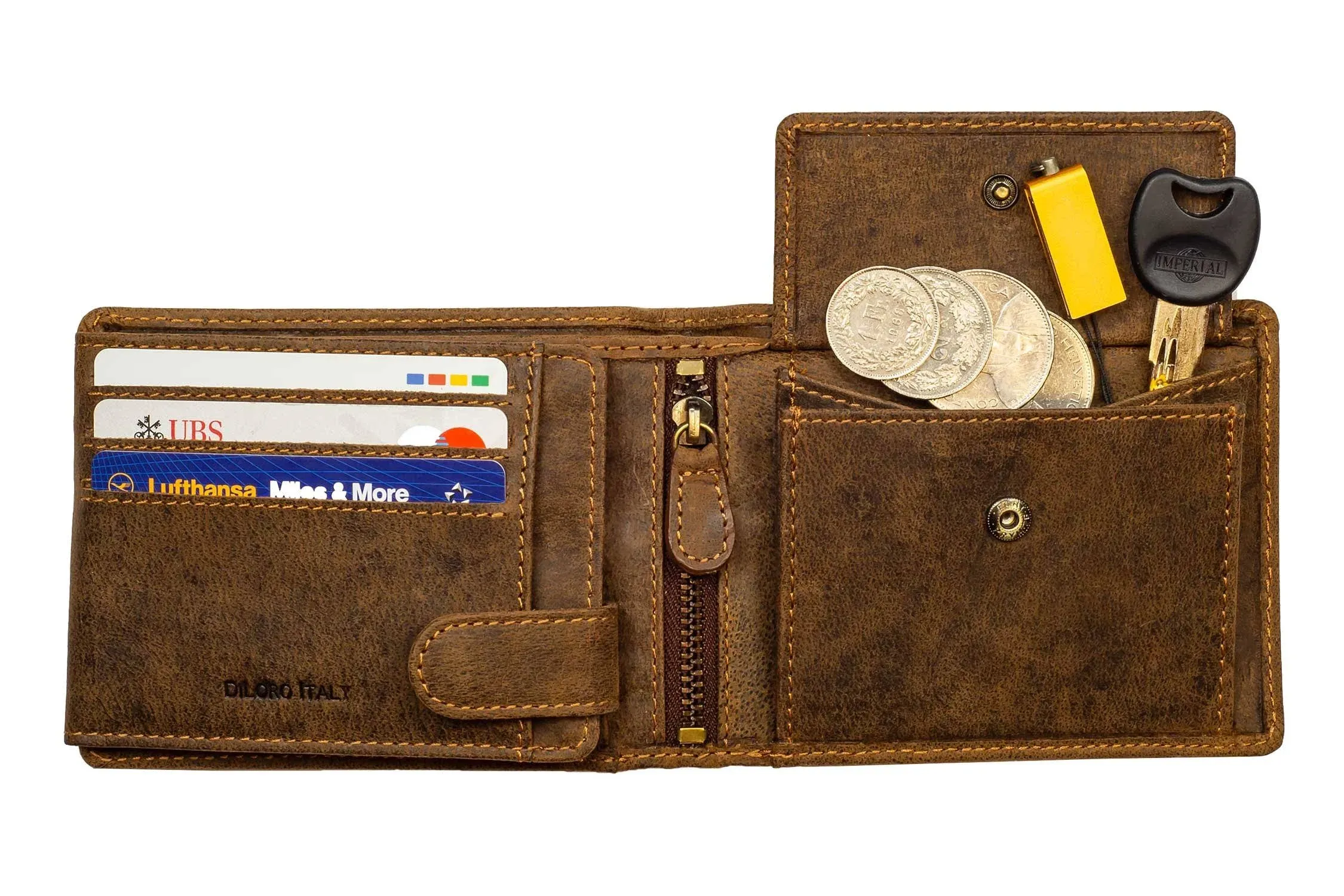 Men's DiLoro Full Size Large Leather Bifold Wallet Flip ID Zip and Coin Compartment with RFID Protection Anti Theft