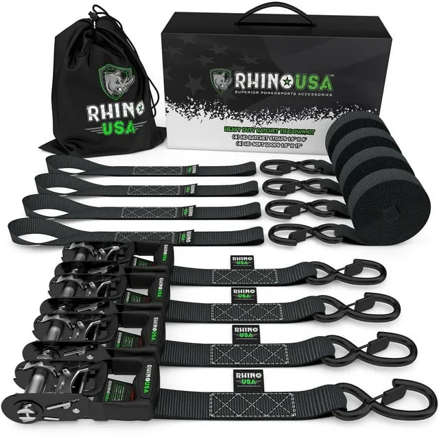 Rhino USA Heavy-Duty Ratchet Tie-Down Set (4-Pack) Blue