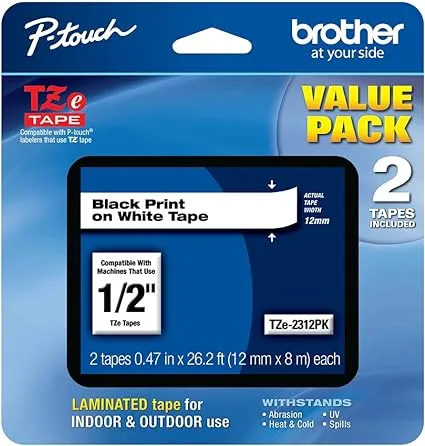 1/2&quot; Brother P-Touch Black On White Label Tape 2 Pack TZe Tapes