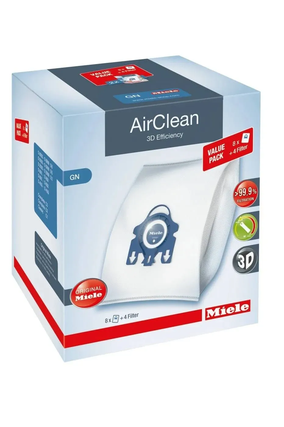 Miele AirClean 3D Efficiency Dust Bag, Type GN, 8 Bags  4 Filters