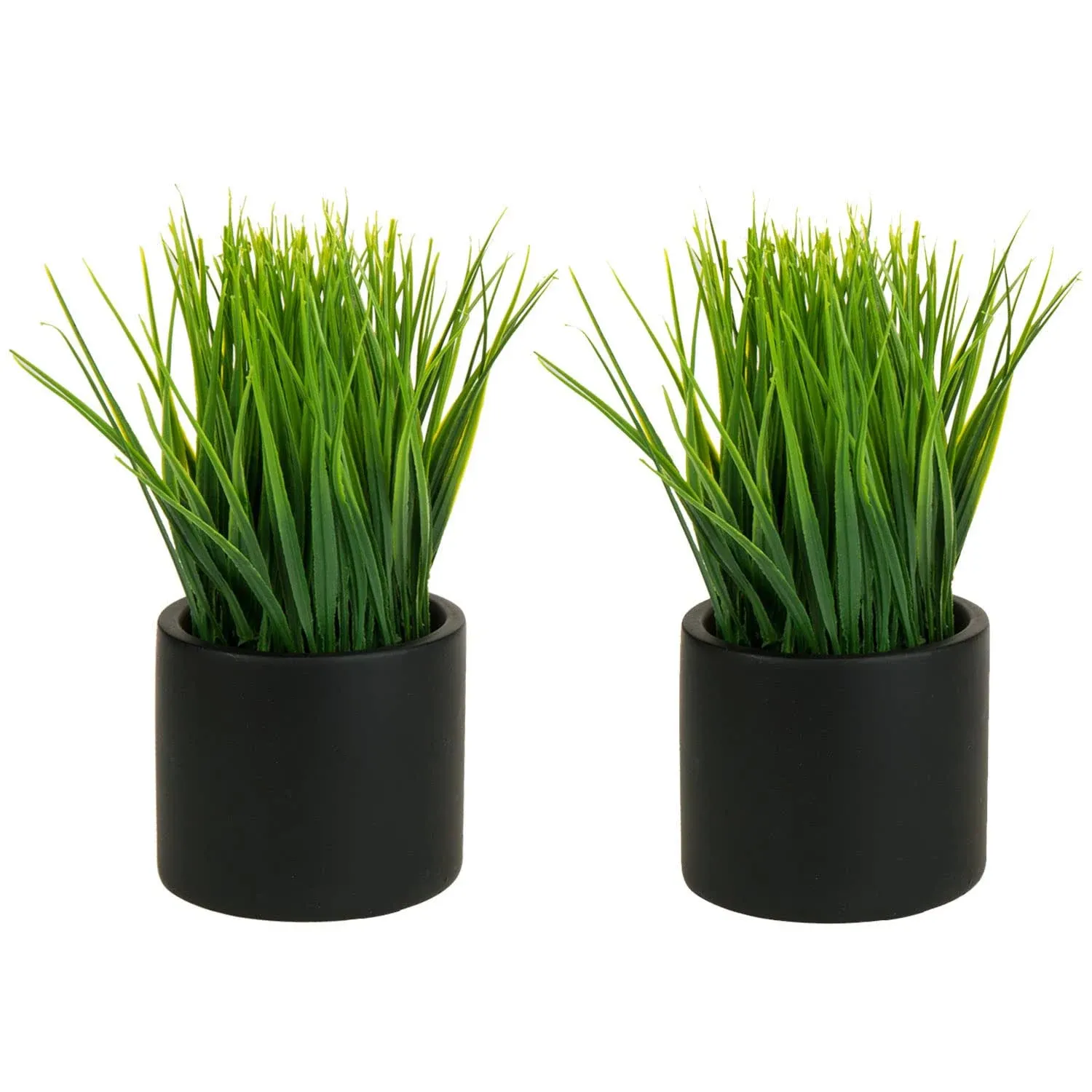 MyGift Tabletop Artificial Grass Plants Decorative Faux Greenery Plant Potted in Modern Cylindrical Black Cement Pots, Set of 2