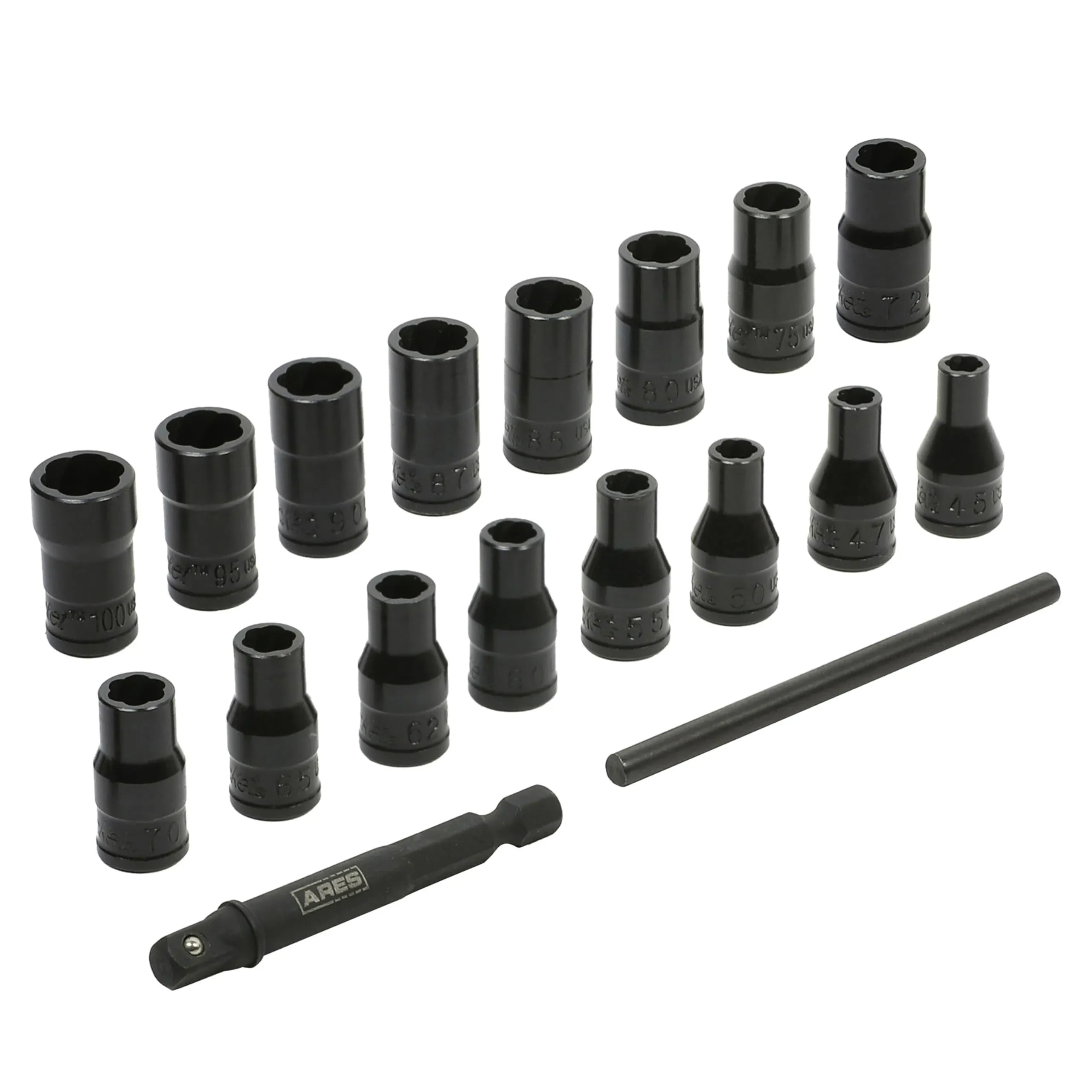 ARES 29022 – 18-Piece Damaged Bolt Extractor Socket Set – 1/4-Inch Drive Sockets - SAE and Metric – Includes 16 Impact Grade Sockets – Turbo Socket – Made in USA