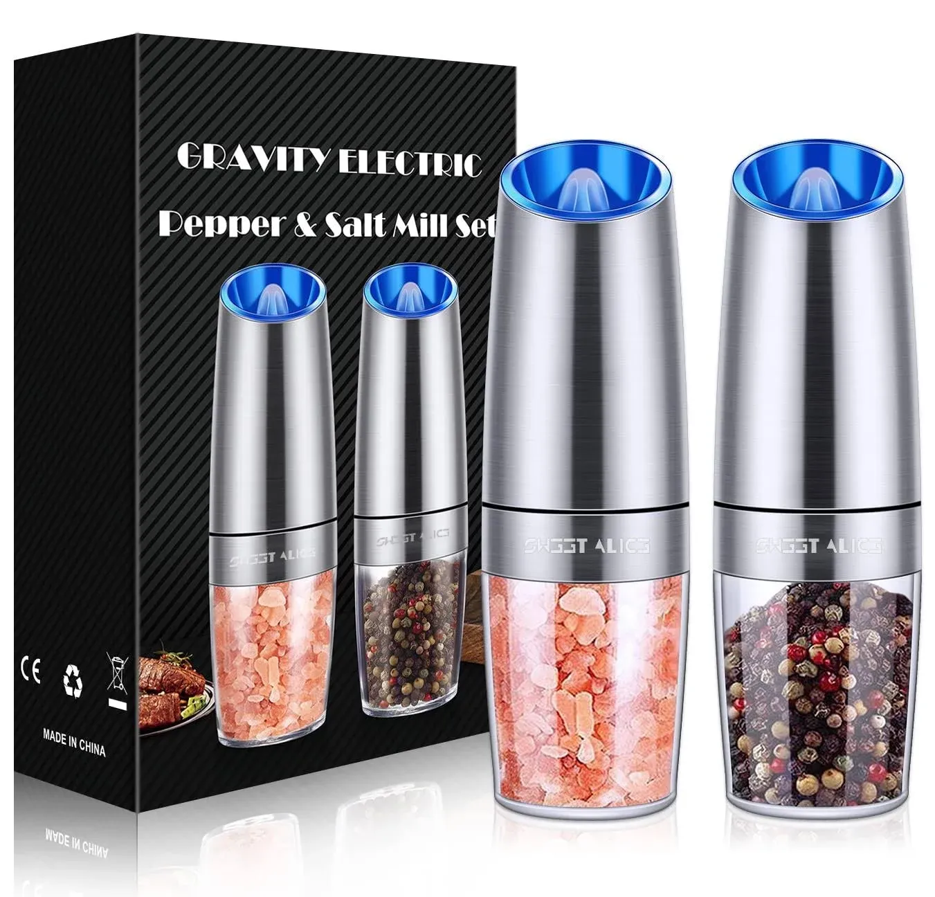 Gravity Electric Pepper and Salt Grinder Set, Salt and Pepper Mill &amp; Adjustable 