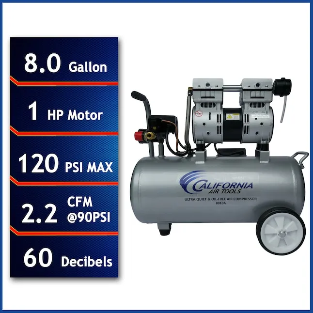 California Air Tools 8010A Aluminum Tank Air Compressor Ultra Quiet, Oil-Free, 1.0 HP, 8 Gal