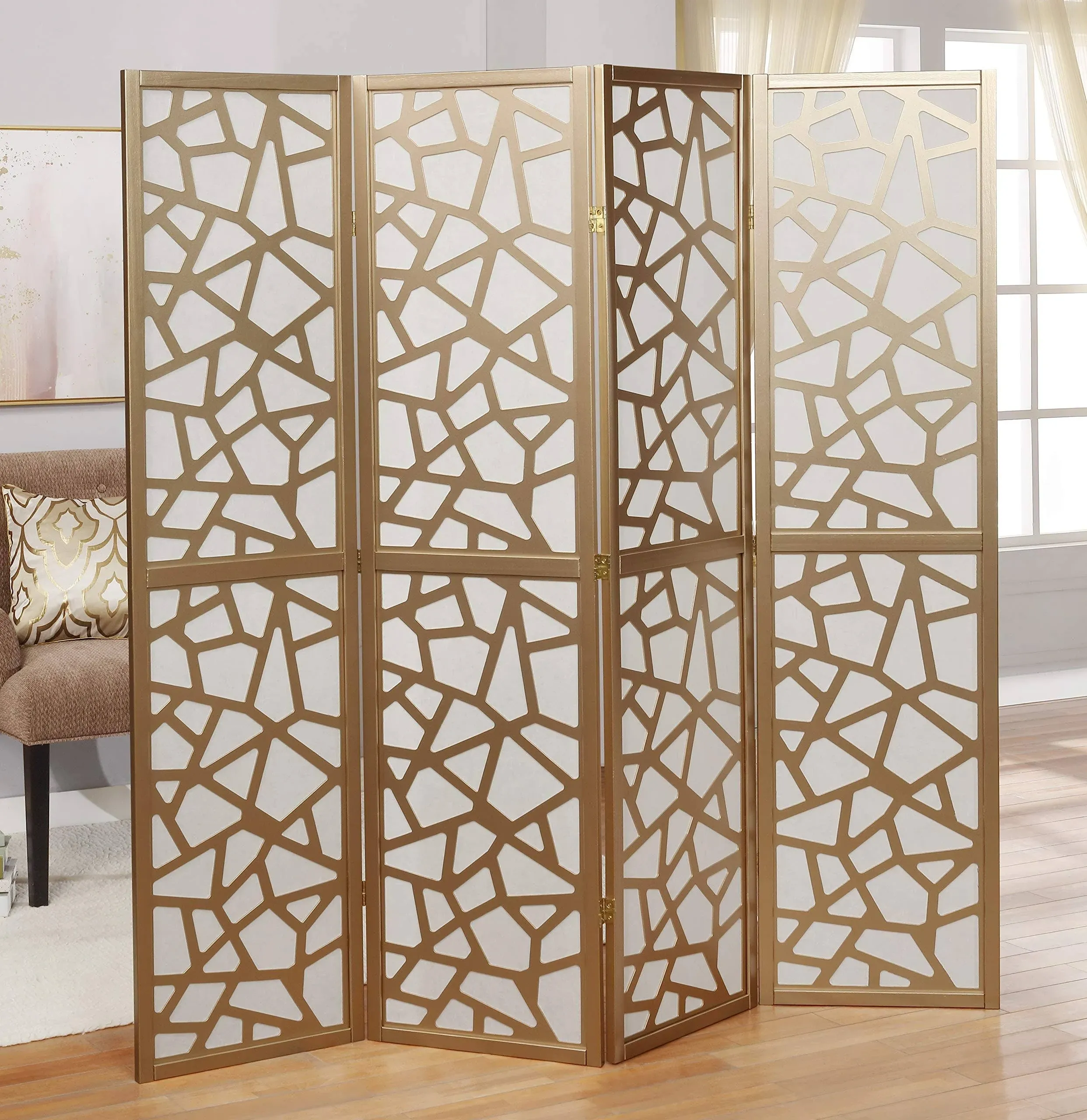 Roundhill Furniture Giyano 4 Panel Screen Room Divider, Gold