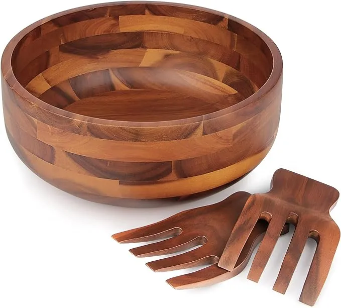 AIDEA Acacia Wood Salad Bowl Set with 2 Wooden Hands, Large Salad Bowl with Serving Utensils, Big Mixing Bowl for Fruits, Salad, Cereal, Corn flake,Pasta 11" Diameter x 4.5" Height