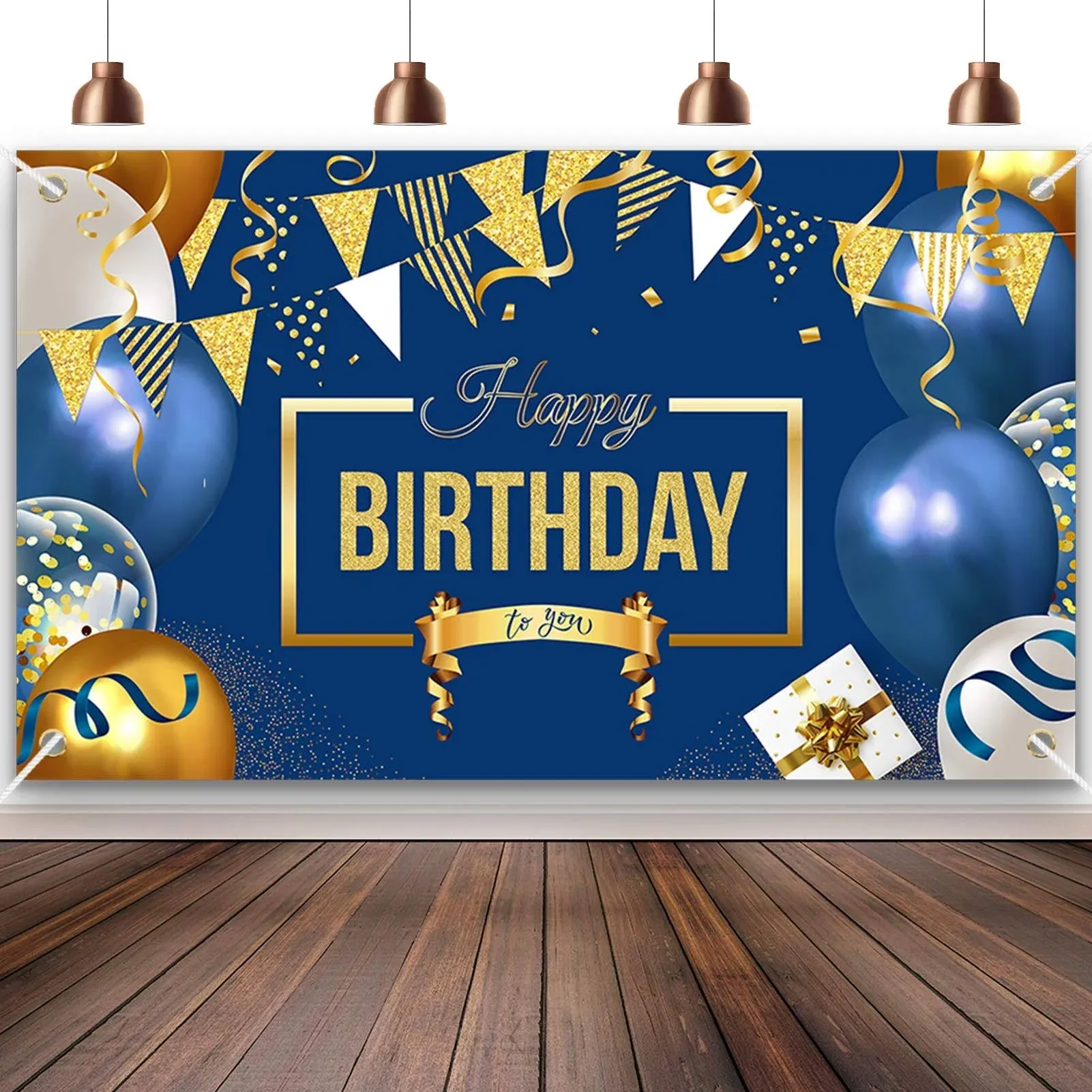 Enjoyfun Happy Birthday Decorations Banner Large Navy Blue and Gold Balloons ...