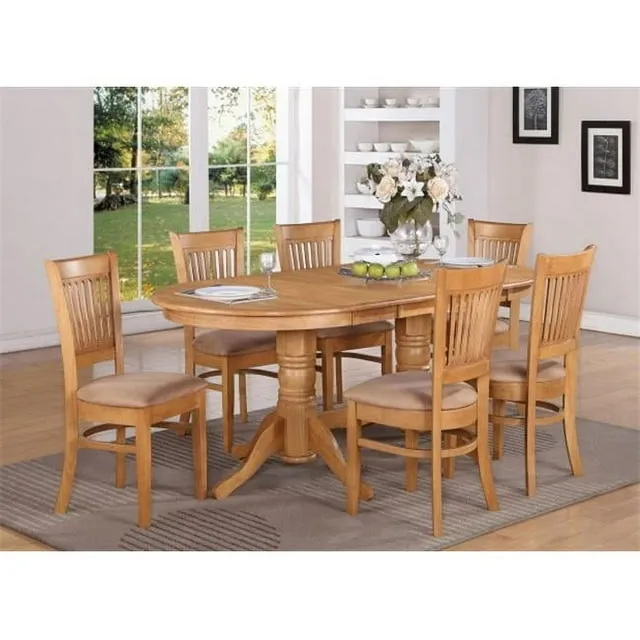 East West Vancouver 7pc dining set, pedestal table w/ leaf + 6 padded chairs oak