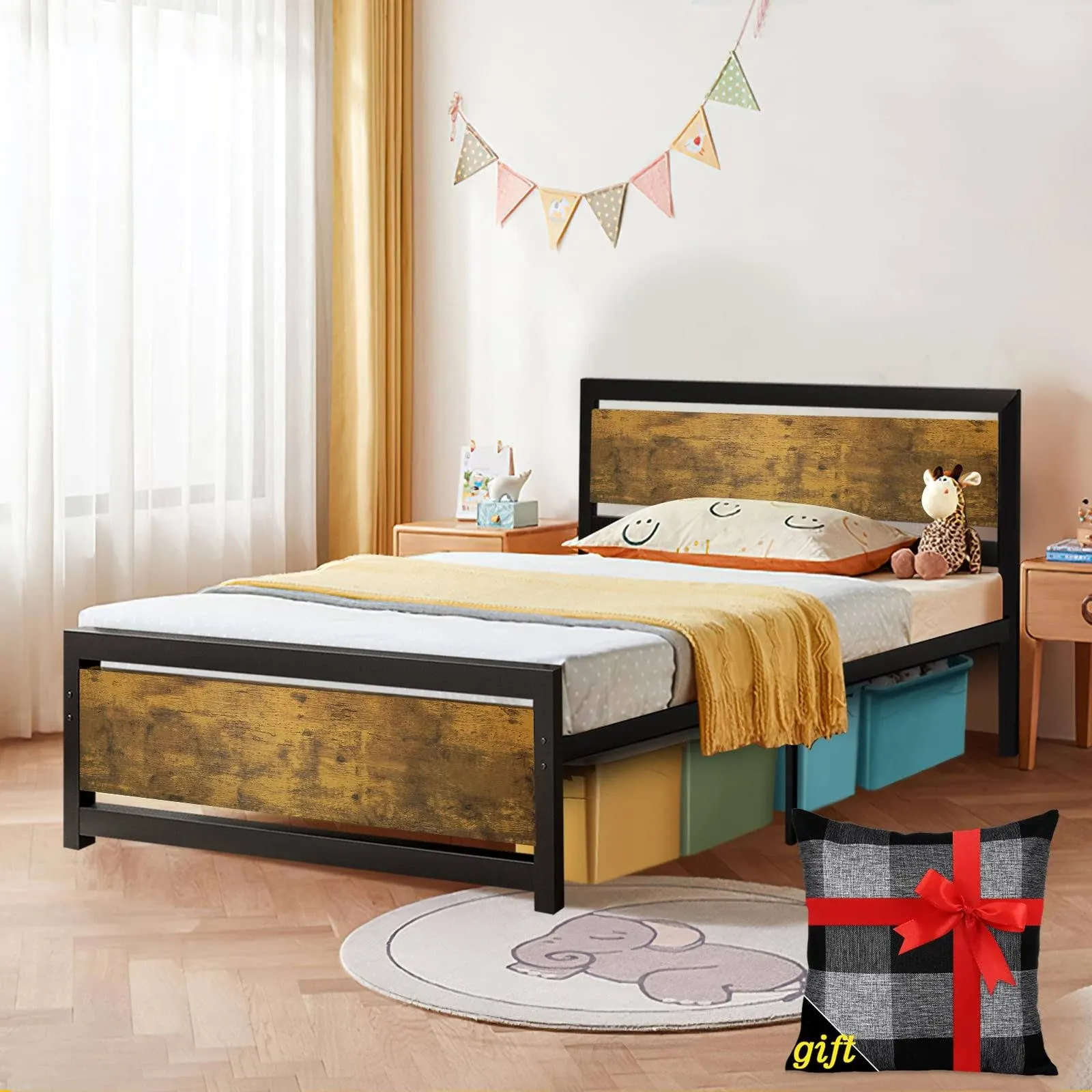 Full Bed Frame with 4 Drawers Storage, Platform Bed Frame with Headboard and Footboard, Heavy Strong Metal Support Frames, Noise-Free, No Box Spring Needed, Easy Assembly, Vintage Brown